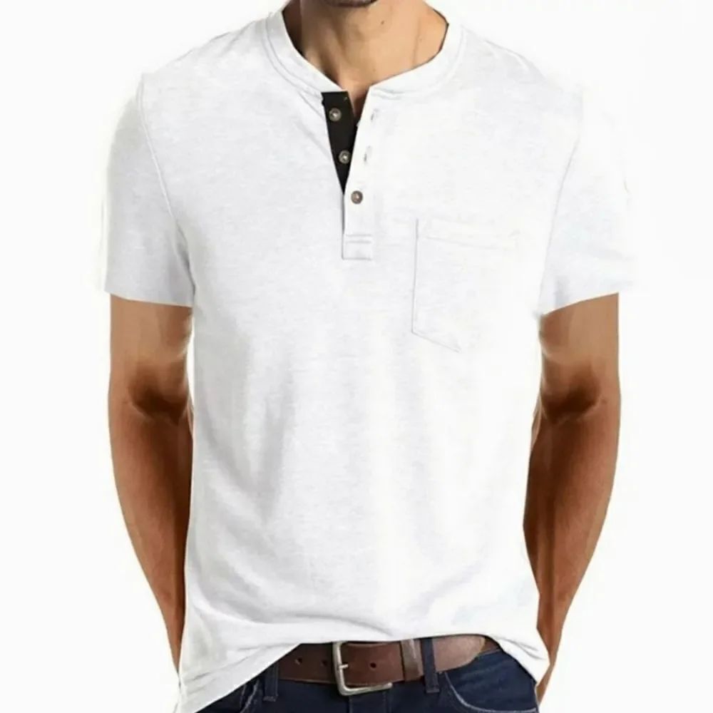 Men's White Henley Short Sleeve Pullover Top